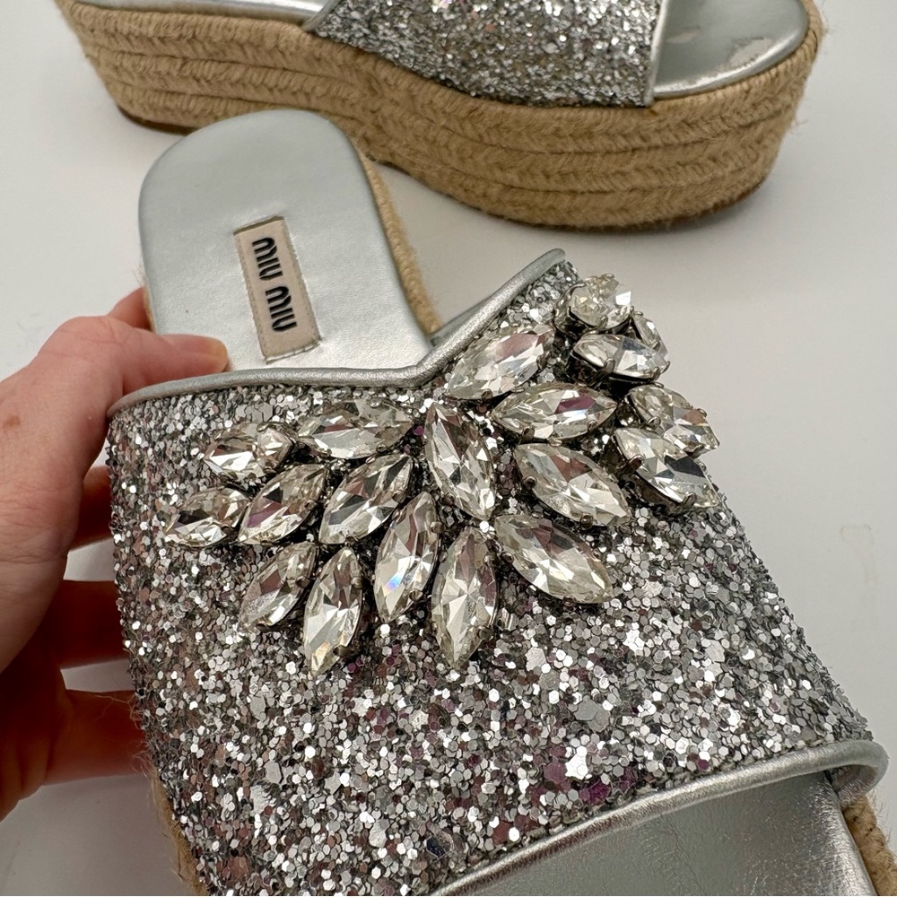 Miu Miu Women's Crystal-Embellished Glitter Platform Sandals Size 36 US Size 6 - Picture 6 of 8